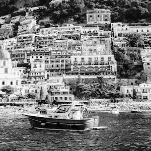 White Wall Art, Positano Italy Classic Boats Black and White Art Print Poster, Italy Art Photo, Italian Architecture Wall Decor Prints