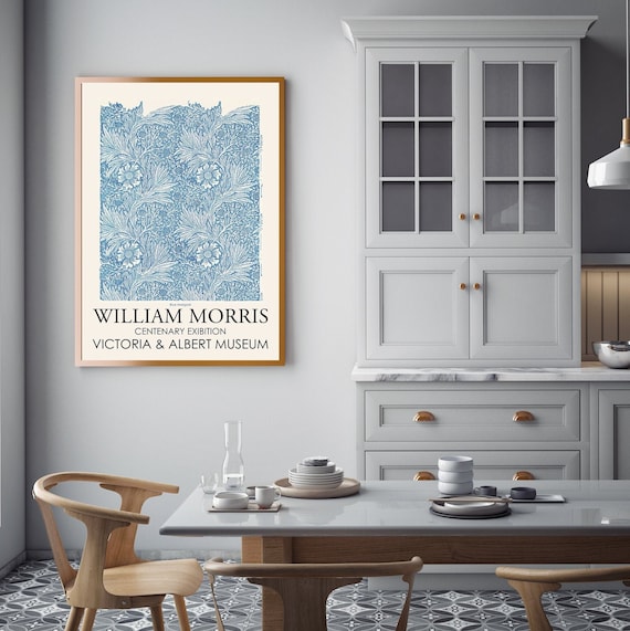 William Morris Blue Marigold Archival Art Print Poster Wall Decor, Gifts, Blue and White Arts Giclee Prints Vintage Design