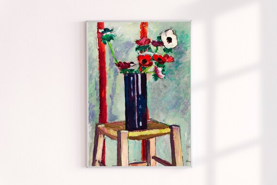 Anenmones Flowers on Chair Print, Classic Art Archival Print, Still Life Wall Decor, Henry Lyman Sayen Painting Giclee Prints Vintage Design