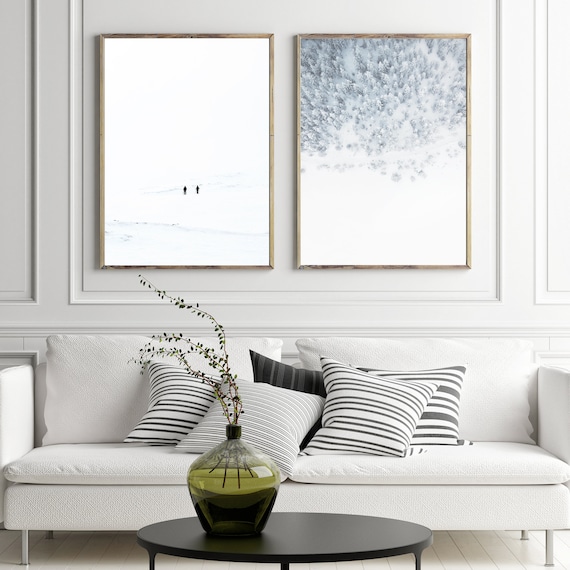 Modern Diptych Wall Art Set of 2 Winter Couple Skiing Prints, Snow Photography, Minimalist Nature Wall Decor, Two White Photographs