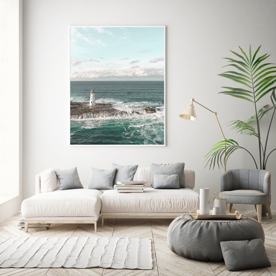 Lighthouse Coastal Wall Art Prints Beach Tones Sea Photograph, Coast Lighthouse Nautical Modern Decor Art Prints Ocean Waves Photography