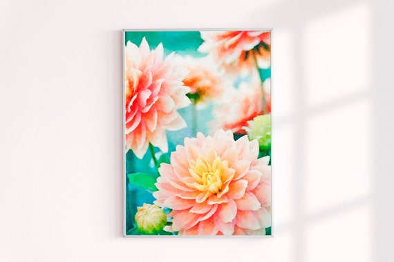 Floral Wall Decor, Peach Dahlia Watercolor Painting Print, Floral Home Decor Art Print, Flowers Watercolor Modern Wall Art, Gifts