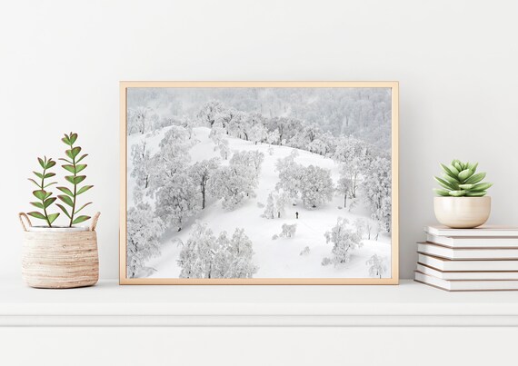 Minimalist Wall Art, White Snowy Mountains Trees Skier, Minimalist White Art Prints, Boho Chic Prints, Neutral Wall Decor Archival Art Print