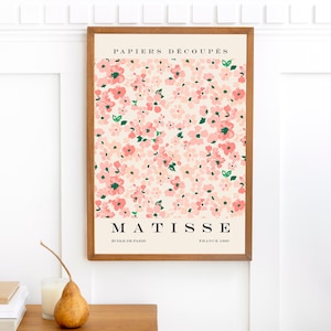 May include: A framed print of a pink floral design with the text "PAPIERS DECOUPES MATISSE ECOLE DE PARIS FRANCE 1890".