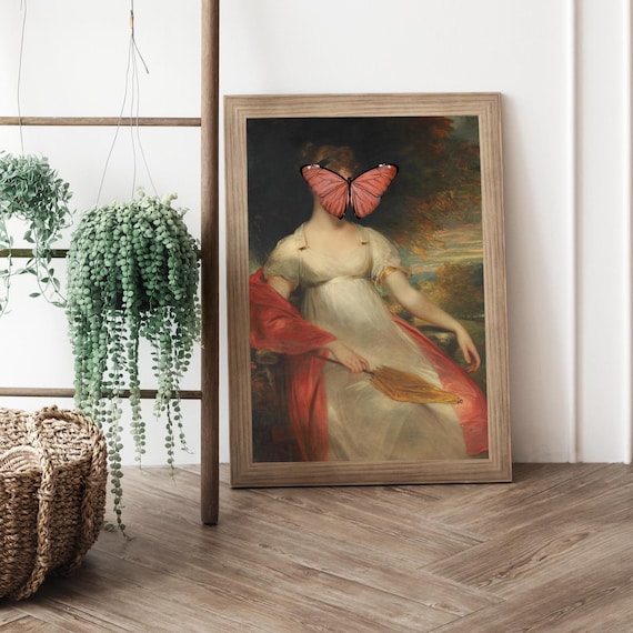 Modern Portrait Art Print, Classic Lady Portrait with Pink Butterfly, Classic Painting Portrait Prints, Timeless Gallery Wall Decor