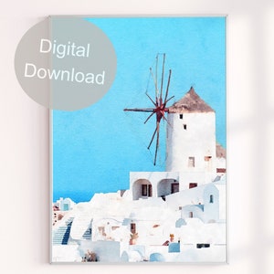 Coastal Wall Decor, Santorini Greece Windmill Watercolor Painting Digital Download, Art Print, Gallery Wall Decor Island Prints