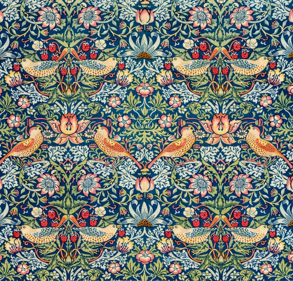 Morris & Co. Strawberry Thief Fabric – 100% Combed Cotton Pima – Botanical Bird Print for Home Decor and DIY Crafts, More Patterns Available