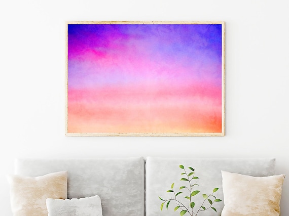 Ombre Sunset Painting, Watercolor Print, Modern Pink Wall Decor, Sunset Pink Blue Sky Painting Achival Art Print, Gallery Wall Decor