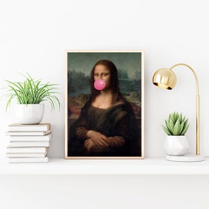 May include: A digital art print of the Mona Lisa painting with a pink bubble gum in her mouth.
