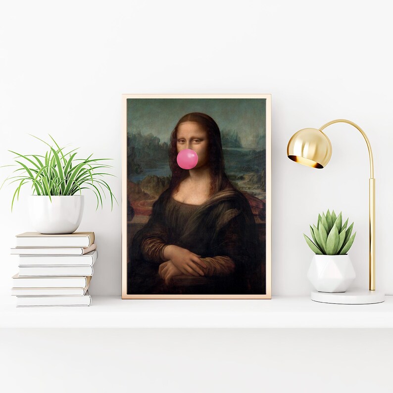 May include: A digital art print of the Mona Lisa painting with a pink bubble gum in her mouth.