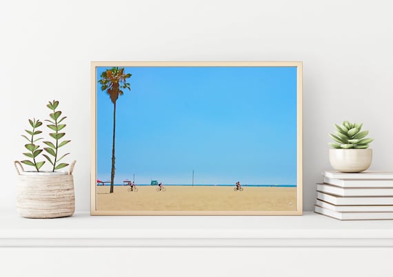 Modern Coastal Wall Decor, California Santa Monica Art Print Beach Bikes Riding North Towards Malibu, Digital Art Based on Photograph