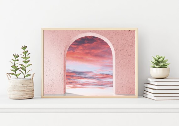 Pink Sky Arch Wall Art Photo, Pastel Pink Tones Archival Photograph, Coastal Sunset Modern Decor Art Prints Photography