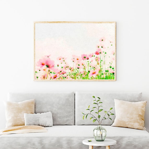 Pink Wildflowers Field Painting Print, Pink Floral Wall Decor, Spring Flowers Home Decor Art Print, Watercolor Modern Wall Art, Gifts