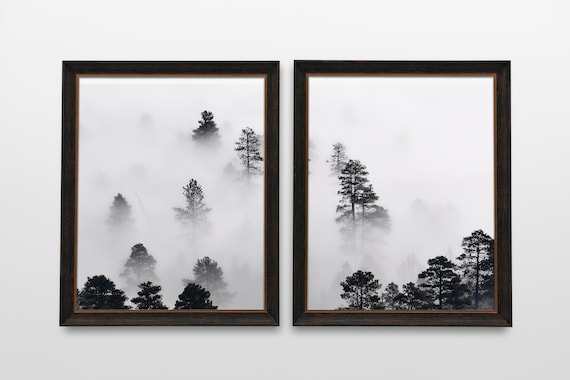 Modern Diptych Wall Art Set of 2 Winter Foggy Trees Prints, Snow Photography, Minimalist Nature Wall Decor, Two White Photographs