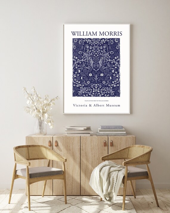 William Morris Poster – Navy Blue Floral Art Print – Arts and Crafts Style Wall Decor on Archival Matte Fine Art Paper - Tulips Design