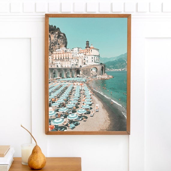 Amalfi Coast Wall Art Print Photograph Positano Beach Umbrellas, Italy Modern Decor Prints, Ombre Wall Art Pic Photography Coastal Print