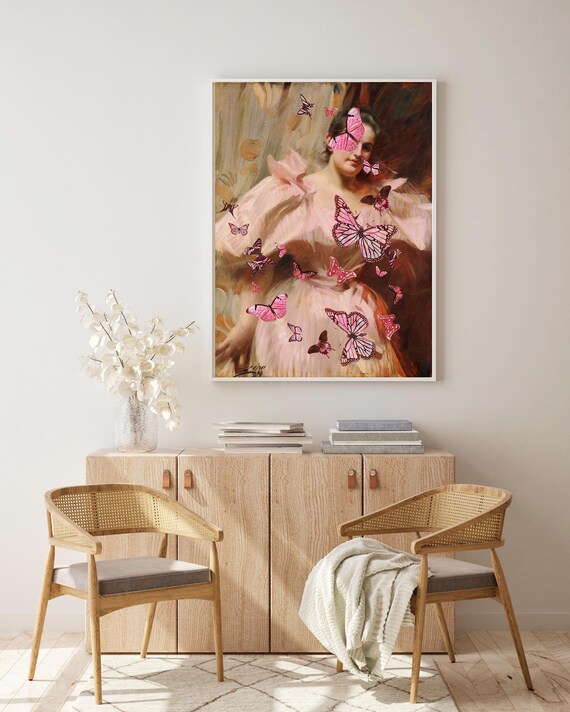 Modern Portrait Art Print, Classic Lady Portrait with Pink Butterfly, Classic Painting Portrait Prints, Timeless Gallery Wall Decor
