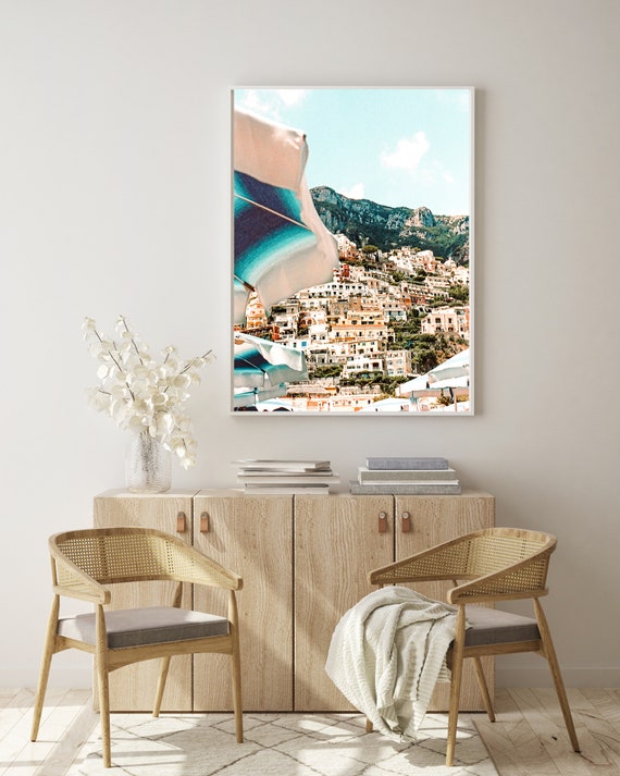 Amalfi Coast Wall Art Print Photograph Positano Beach Umbrellas, Italy Modern Decor Prints, Ombre Wall Art Pic Photography Coastal Print