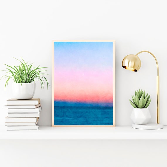 Ombre Moonrise Sunset Painting, Watercolor Print, Modern Wall Decor, Sunset Pink Blue Sky Painting Achival Art Print, Gallery Wall Decor