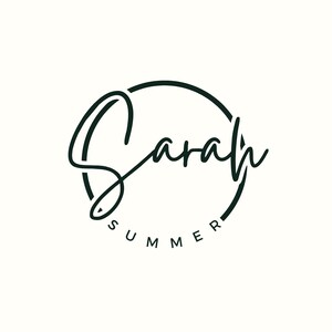 May include: Black and white logo with the name "Sarah Summer" written in a cursive font inside a circle.