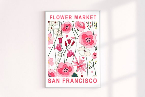 Flower Market San Francisco Poster, Pink Flower Market Wall Decor Prints, Floral Wall Decor Art Print, Cali Travel Images, Flower Markets