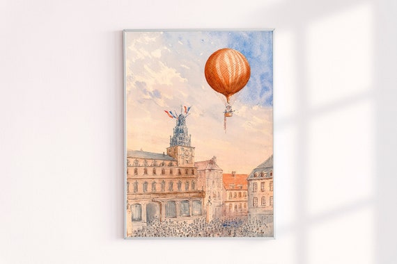 Vintage Hot Air Balloon Watercolor Art Print, Camille Gravis Timeless Gallery Wall Decor Prints, Two Passengers over French Town Square