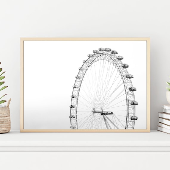 Minimalist White Art Travel Photography Prints, Modern Wall Decor Prints, London Eye Ferris Wheel UK Pictures, London Series Photos