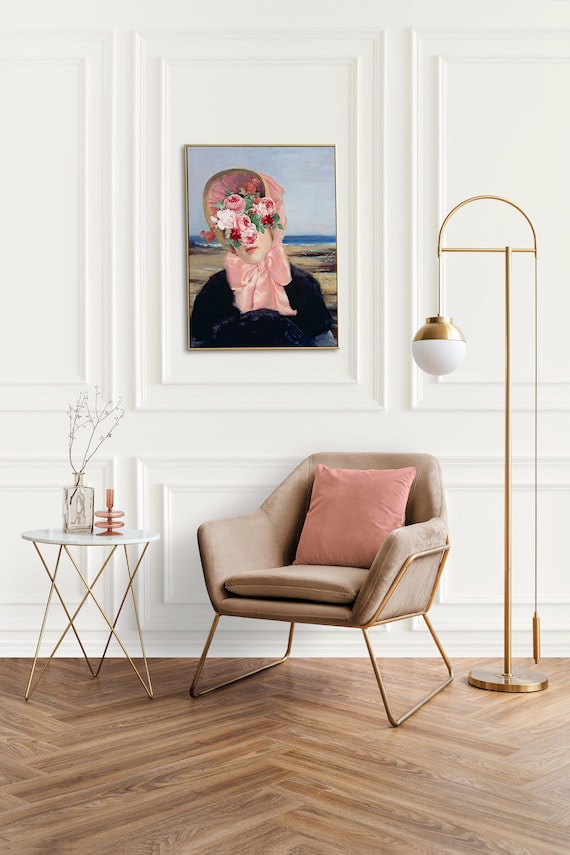 Modern Portrait Art Print, Classic Lady Portrait with Flowers, Classic Painting Portrait Floral Prints, Timeless Gallery Wall Decor Woman