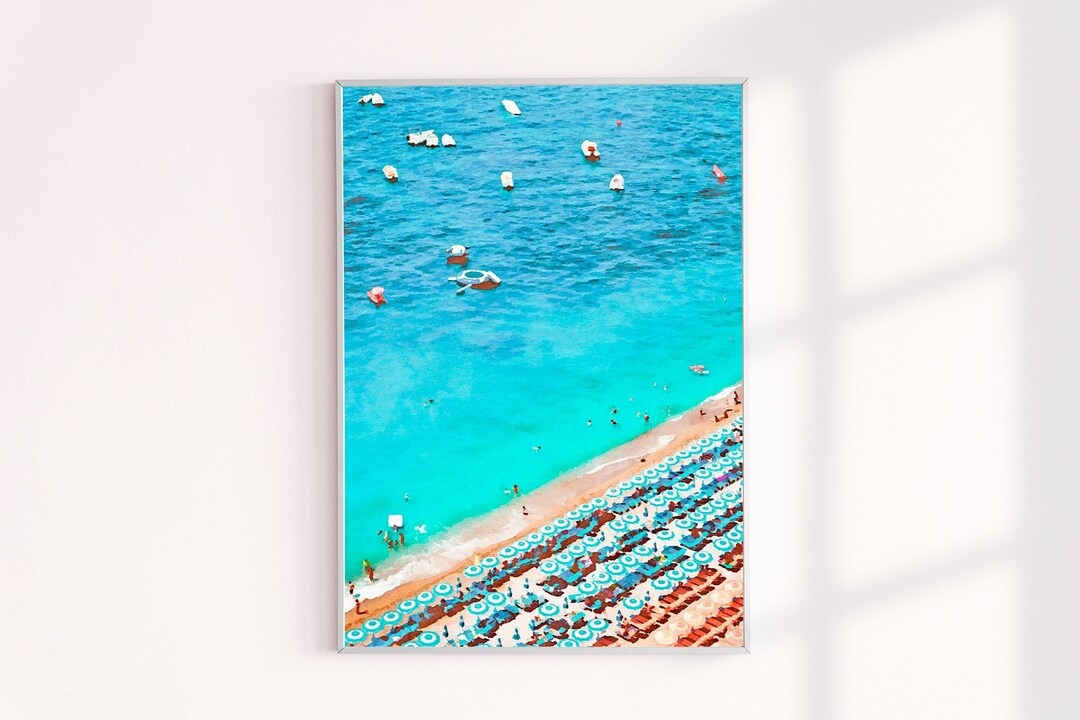 Aerial Beach Print, Coastal Wall Decor, Beach Umbrellas Watercolor