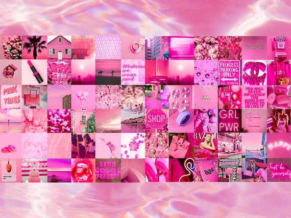 Wall Collage Kit - Hot Deep Pink Aesthetic VSCO Wall Decor Collage Kit - Chic Matte Prints Mailed to You Tezza Pink Wall Kit Room Decor