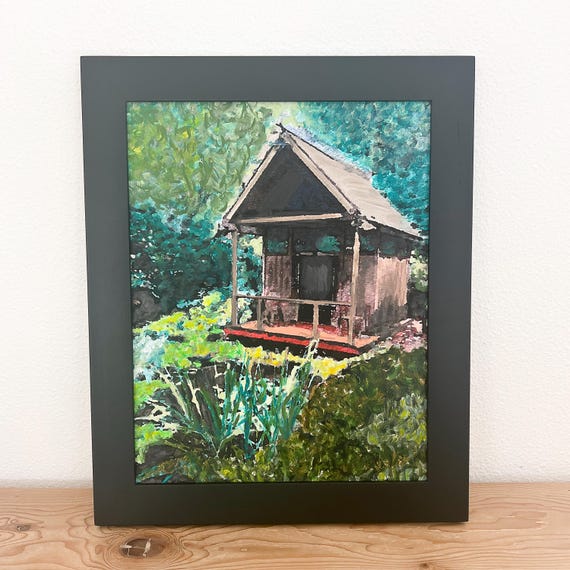 Framed Original Painting, Hand Painted Art, Japanese Teahouse Painting, Multimedia Painting, Original Artwork, West Coast Artwork