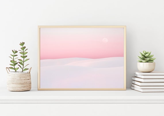 Coastal Wall Art Print, White Sand Dunes Beach Coastal Print Photograph, Pink Sky Moon Modern Decor Neutral Art Prints, Gifts