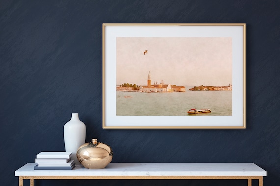 Vintage Neutral Tones Venice Italy Painting Print, Venice Italy Painting, Seagull Bird Flying Over Venice Art Print, Italy Travel Photograph