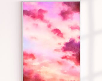 Pink Sky Sunset Watercolor Painting Print, Modern Landscape Wall Decor, Sunset Clouds Painting Achival Art Print, Gallery Wall Decor