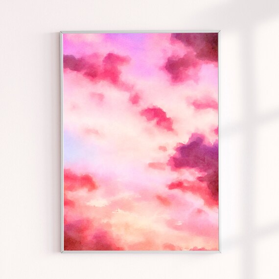 Pink Sky Sunset Watercolor Painting Print, Modern Landscape Wall Decor, Sunset Clouds Painting Achival Art Print, Gallery Wall Decor