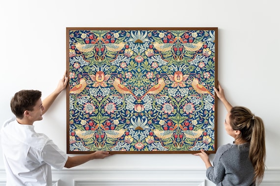 Framed Canvas Wall Art Strawberry Thief William Morris Canvas Print on Real Wood Floating Frame Minimalist Modern Boho Wall Art Decor