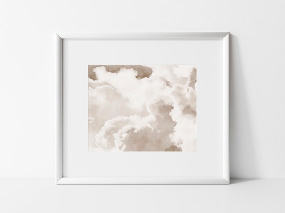 Minimalist Art Neutral Sepia Sky Clouds Watercolor Painting Print, Minimal Modern Landscape Wall Decor, Soft Clouds Painting