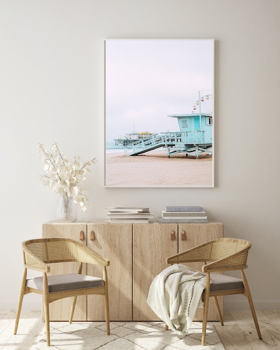 Coastal Wall Art Prints Pale Beach Tones Santa Monica Beach Lifeguard Tower Photograph, West Coast Pier Modern Decor Art Prints Photography