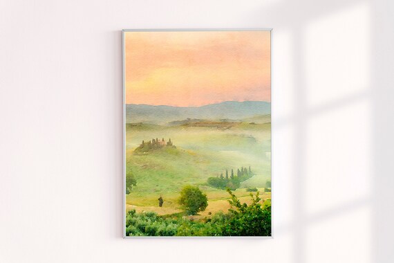 Tuscany Sunset Print, Italy Countryside Wall Art Painting, Tuscan Landscape Travel Modern Decor Art Prints, Italy Watercolor Painting