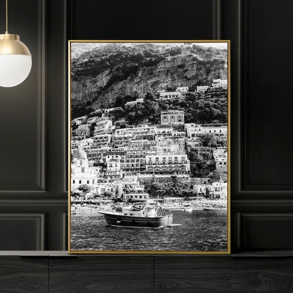 White Wall Art, Positano Italy Classic Boats Black and White Art Print Poster, Italy Art Photo, Italian Architecture Wall Decor Prints