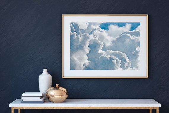 Ethereal Blue Sky Clouds Watercolor Painting Print, Modern Landscape Wall Decor, Soft Clouds Painting Achival Art Print, Gallery Wall Decor