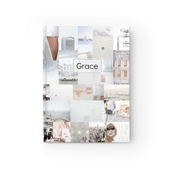 Custom Notebook Journal Gift, White Fashion Minimalist Wall Collage Aesthetic, College Dorm College Decor Diary for Sketches or Class Notes