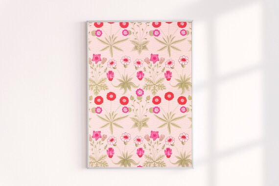 William Morris Daisy Print Pink Red Vintage Arts and Crafts Botanical Wall Art Giclee Victorian Style Archival Fine Art for Gallery Wall