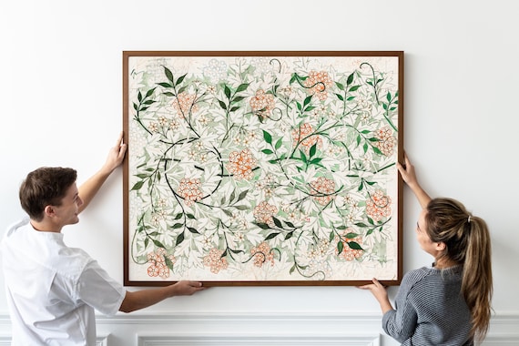 Framed Canvas Wall Art William Morris Jasmine Botanical Canvas Print on Real Wood Floating Frame Minimalist Modern Boho Wall Art Decor