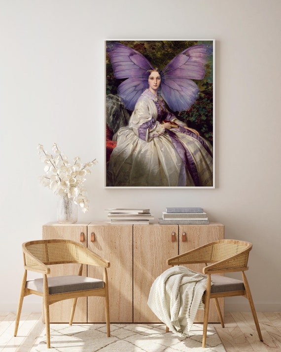 Modern Portrait Art Print, Classic Lady Portrait with Purple Butterfly, Classic Painting Portrait Prints, Timeless Gallery Wall Decor