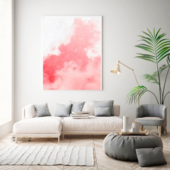 Pink Clouds Moon Canvas Painting, Contemporary Large Format Art Painting on Canvas, Modern Wall Decor, Ocean Sunrise Water Art Gifts