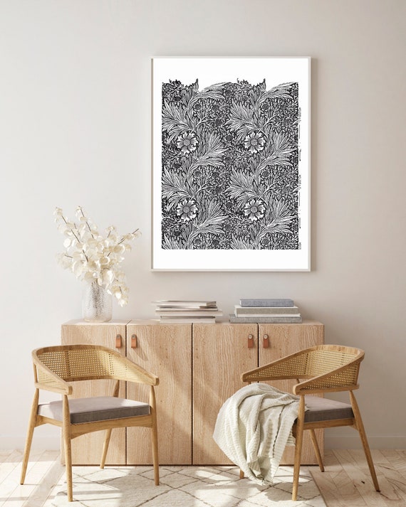 William Morris Print, Black White Marigold Archival Art Print Poster Wall Decor, Gifts, Black and White Arts Giclee Prints Vintage Design