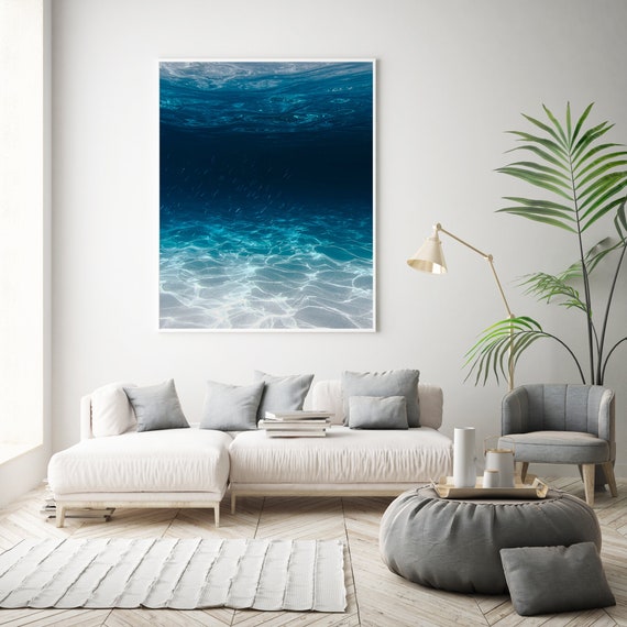 Ombre Island Coast Wall Art Prints Tropical Beach Underwater Fish Photograph, Minimalist Sand Waves Modern Decor Art Prints Photography