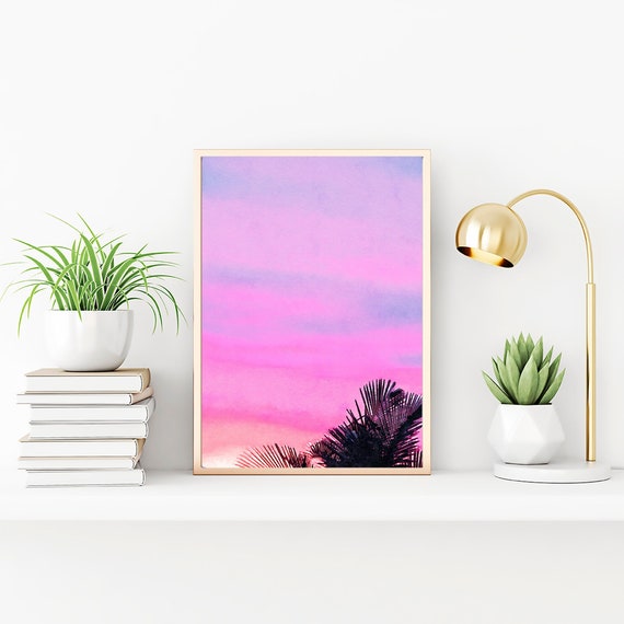 Ombre Island Sunset Painting, Watercolor Print, Modern Wall Decor, Sunset Pink Blue Sky Painting Achival Art Print, Gallery Wall Decor