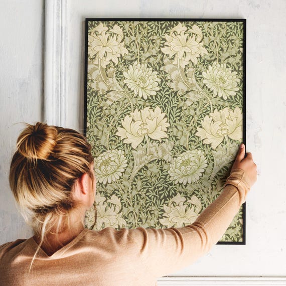 Framed Canvas Wall Art William Morris Chrysanthemum Botanical Canvas Print on Real Wood Floating Frame Minimalist Modern Boho Wall Art Decor
